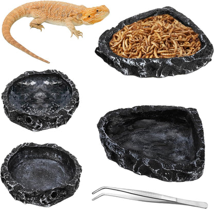 Frcctre 4 Pack Reptile Food Dish with Feeding Tongs, Resin Reptile Water Dish Food Bowl Feeding Terrarium Bowl for Leopard Gecko Lizard Tortoise Frog Bearded Dragon Chameleon