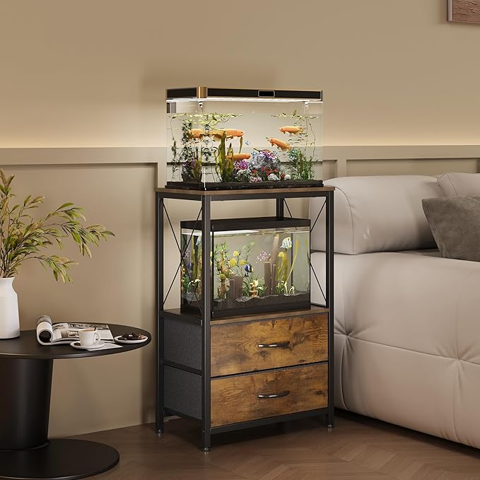 10 Gallon Aquarium Stand with 2-Tier Shelf Fish Tanks Stand with 2 Drawers Metal Frame Heavy Duty Reptile TurtleTank Stand with Storage for Home Offic Fish Tank Accessories Storage, Brown