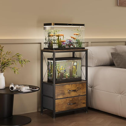 10 Gallon Aquarium Stand with 2-Tier Shelf Fish Tanks Stand with 2 Drawers Metal Frame Heavy Duty Reptile TurtleTank Stand with Storage for Home Offic Fish Tank Accessories Storage, Brown