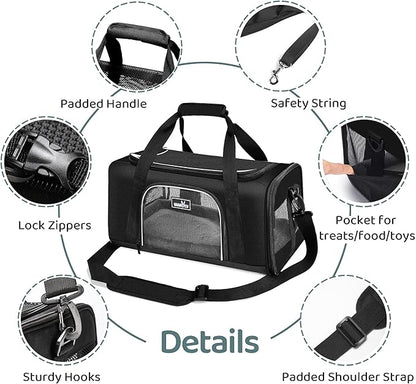TSA Approved Pet Carrier for Small Medium Cats and Dogs | Dog Carrier with Adequate Ventilation | 4 Mesh Windows, 3 Entrance, Locking Safety Zippers, Padded Shoulder Strap, Black