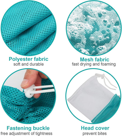 Breathable Mesh Shower Bag - Anti Scratch Adjustable Grooming for Nail Trimming, Bathing - Polyester Soft Cat Washing (White-Green)
