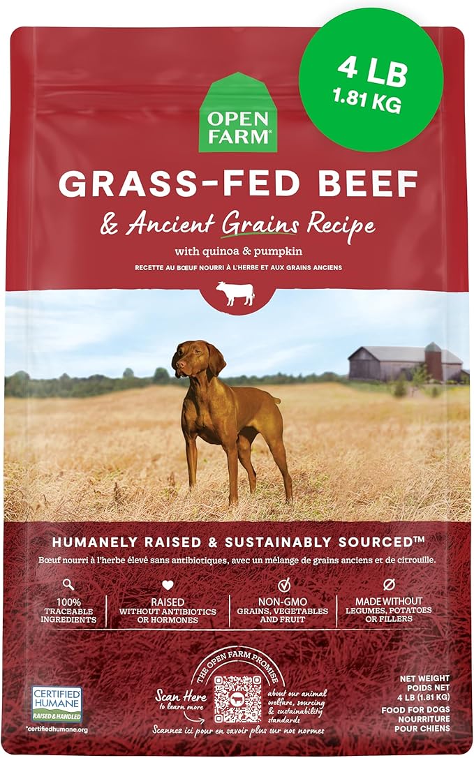Open Farm, Ancient Grains Dry Dog Food, Protein-Rich & Nutrient Dense, 90% Animal Protein Mixed with Non-GMO Fruits, Veggies and Superfoods, Grass-Fed Beef Recipe, 4lb Bag