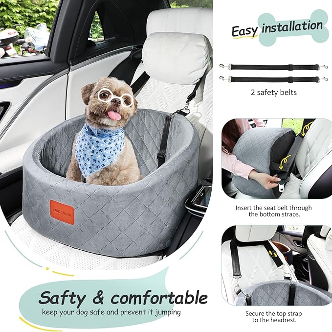 Dog Car Seat for Small Dogs Up to 30 Lbs,Ultra Soft Fabric Fill in Comfy Memory Foam,Happy Pet Ride,2 Safety Dog Leashes,Fully Detachable and Washable,Anti Slip Base(Grey)
