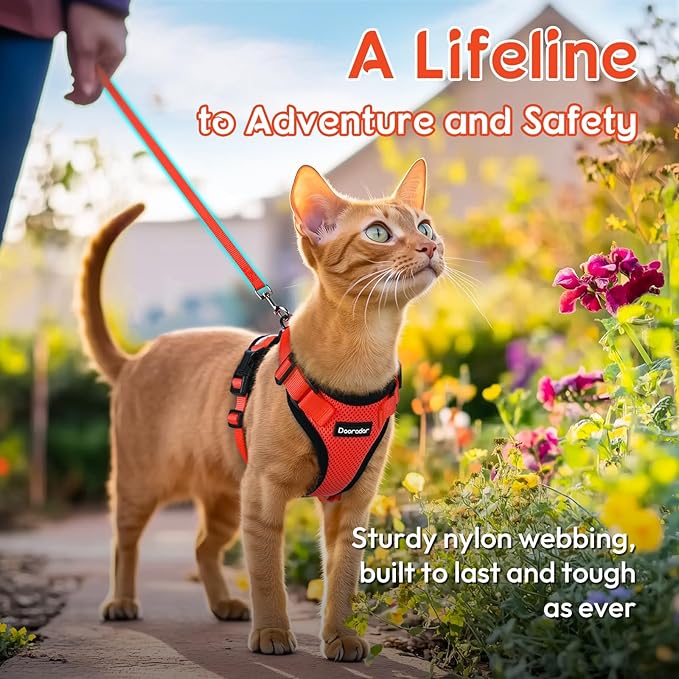 Dooradar Cat Harness and Leash Set, Escape Proof Safe Adjustable Kitten Vest Harnesses for Walking, Easy Control Soft Breathable Mesh Jacket with Reflective Strips for Cats, Reddish Orange, S
