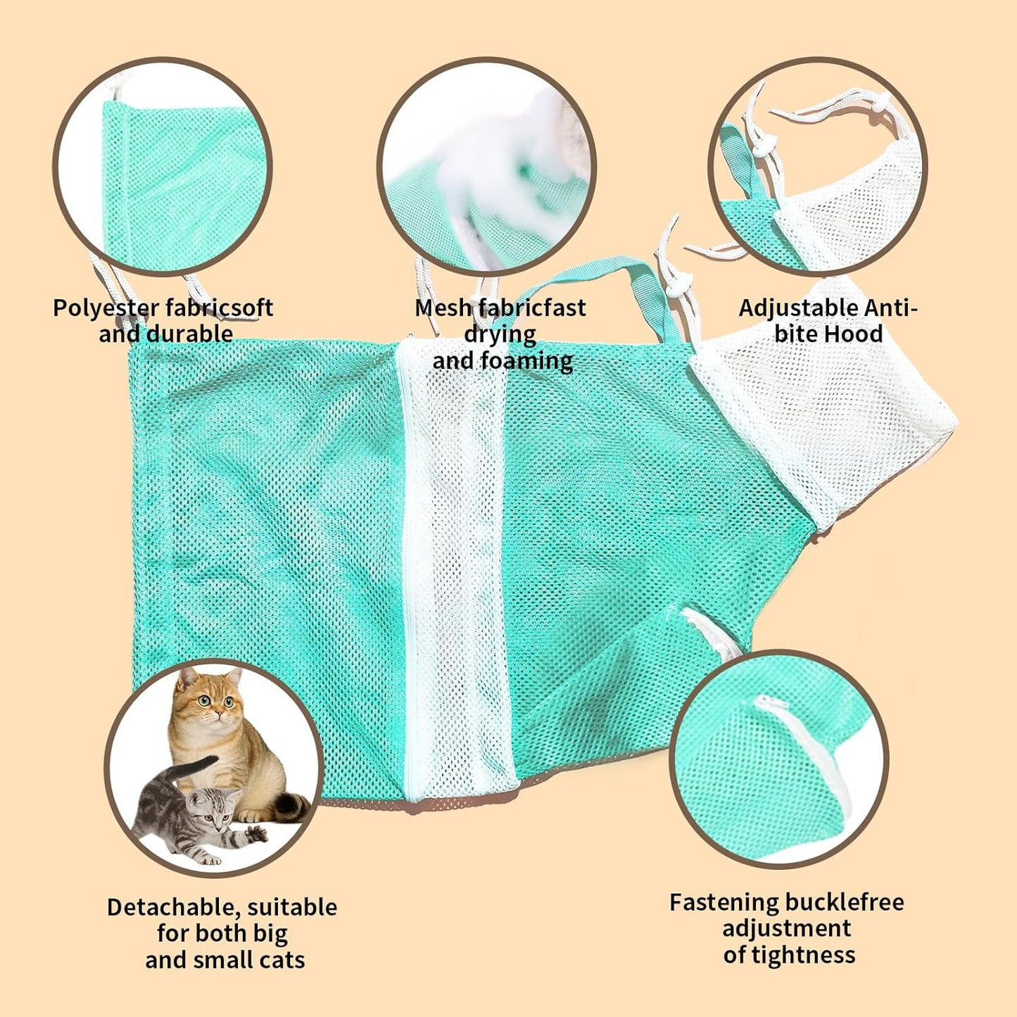 Cat Shower Bag with Removable Hood - Green Mesh Cat Bathing Bag for Stress-Free Bath, Nail Clipping & Grooming, Comfortable Cat Washing Bag