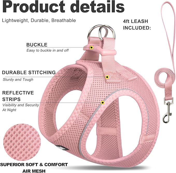 Fida Comfy Dog Harness with Leash, Soft Puppy Vest Escape Proof, Breathable Lightweight Soft Mesh, Adjustable Reflective Step-in Harness for Small Dogs Walking (S, Pink)