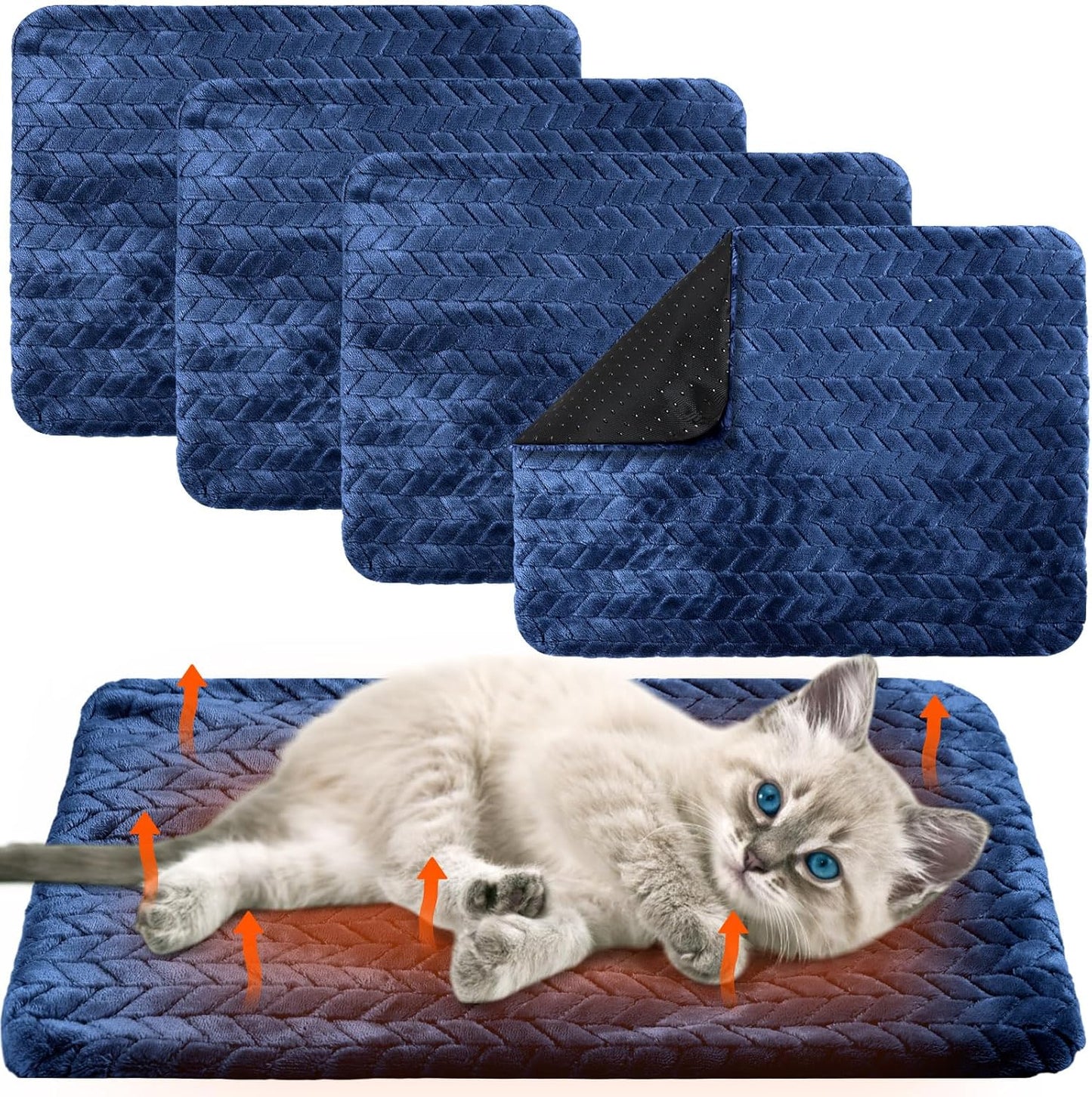 4 Pack Self Heating Cat Pad 16 x 20 Inch Self Warming Cat Bed Non Slip Warm Dog Pad Mat Washable Pet Kennel Crate Bed Mat for Indoor Outdoor Pets(Navy Blue,16 x 20 Inch)