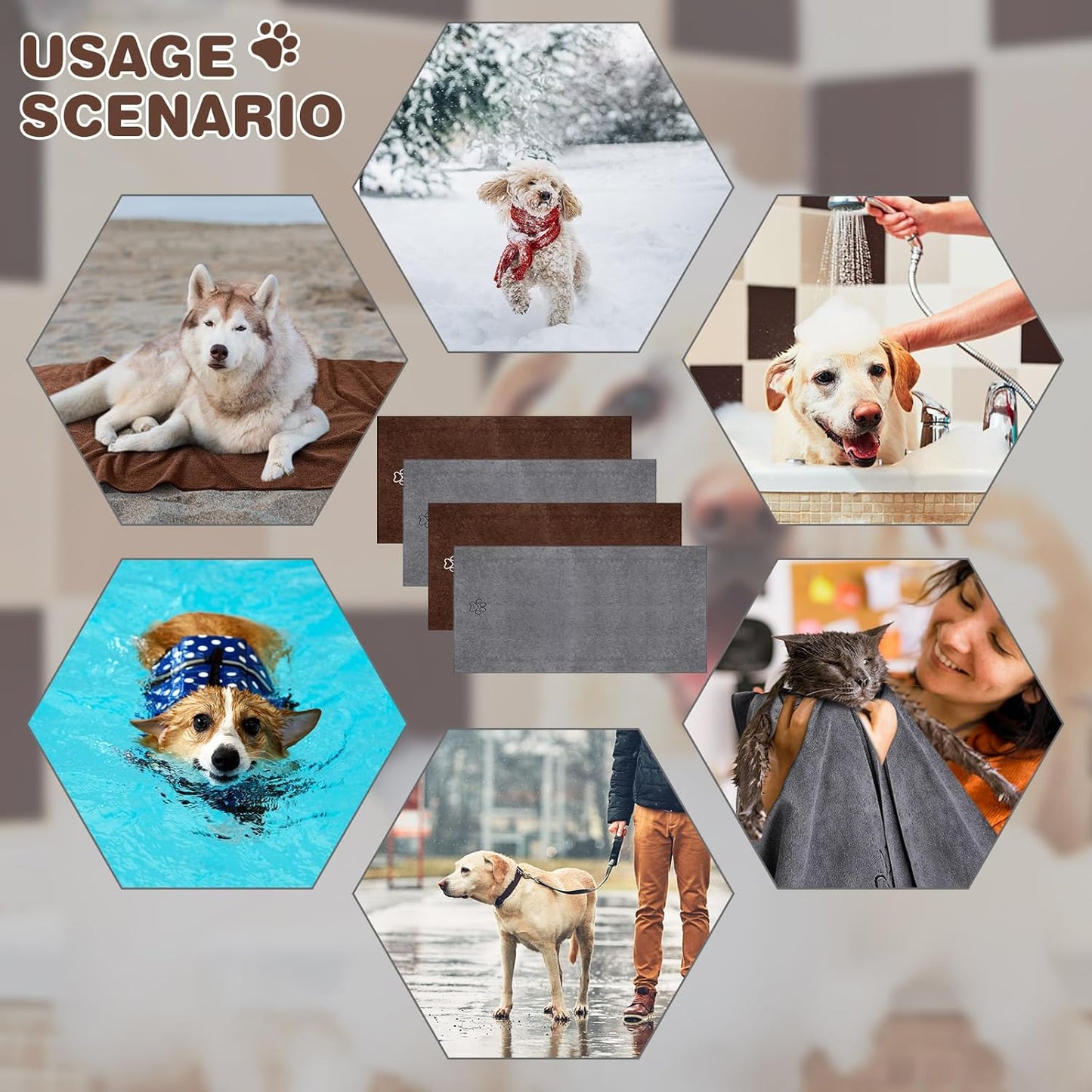 Chumia 4 Pack Dog Towels for Drying Large Microfiber Grooming Tools Absorbent Soft Bath Supplies with Embroidered Paw for Small Medium Pet Products(16 x 32 Inch,Gray, Coffee)