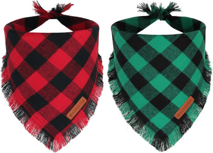 ADOGGYGO Christmas Dog Bandanas with Tassels, Classic Plaid Xmas Scarf Bib, Premium Cotton Fabric, Red Green Plaid Christmas Bandanas for Small Dogs (Small)