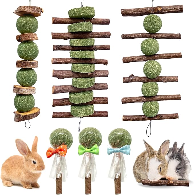 3 Pcs Bunny Chew Toys with 3 Pcs Rabbit Chew Lollipop for Teeth Grinding, Improve Dental Health, Treats for Rabbits Guinea Pigs Chinchillas Bunnies Hamsters