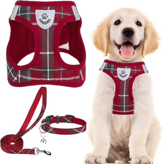 PUPTECK Adjustable Dog Harness Collar and Leash Set Step in No Pull Pet Harness for Small Medium Dogs Puppy and Cats Outdoor Walking Running, Soft Mesh Padded Reflective Vest Harnesses, Red XL