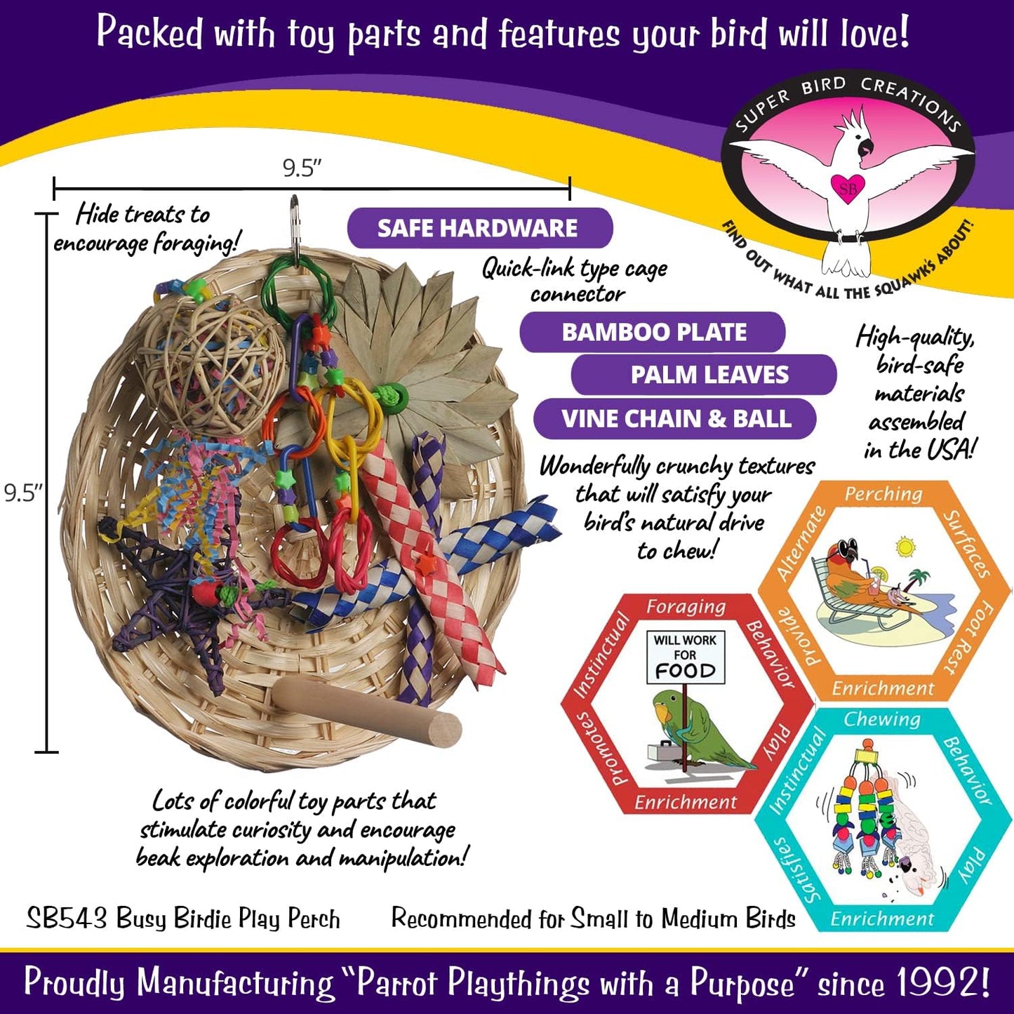 Super Bird Creations SB543 Busy Birdie Play Perch - Foraging Bird Toy, Small & Medium Bird Size - Parakeets, Cockatiels, Small Conures - Interactive Elements - Stimulating Playtime - 9.5" x 9.5" x 6"