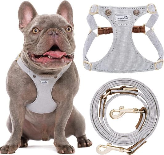 Puppytie No Pull Dog Harness with Multifunction Dog Leash,Soft Adjustable No Choke Escape Proof Pet Harness Vest for Medium Dogs,Denim Gray,M