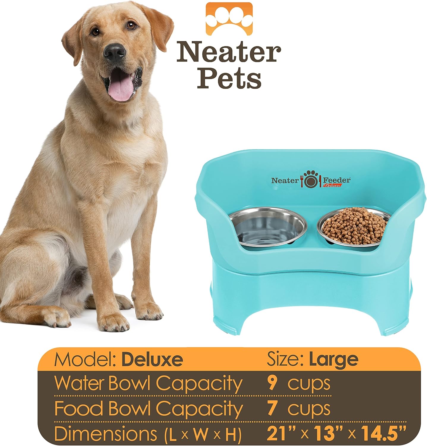 Neater Pet Brands Neater Feeder Deluxe Mess Proof Dog Bowls Elevated for Large Dogs Over 40 lbs, Made in USA, No Spill Raised Dog Food Bowl Stand Feeding Station, Food and Water Bowl Set, Aquamarine