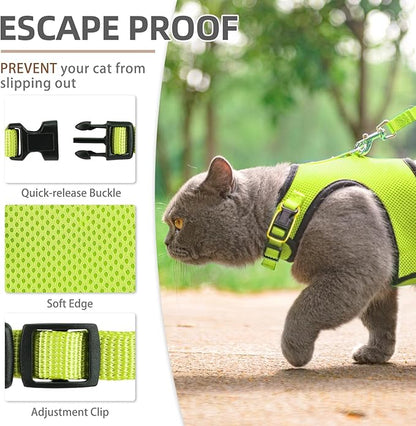 PUPTECK Soft Mesh Cat Vest Harness and Leash Set Puppy Padded Pet Harnesses Escape Proof for Cats Small Dogs Rabbits Bunny, Fluorescent Green XL