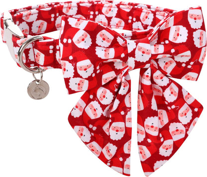 DOGWONG Christmas Dog Collar with Sailor Bow, Red Santa Claus Dog Collar Soft Durable Adjustable Cotton Puppy Collar for Small Medium Large Dog