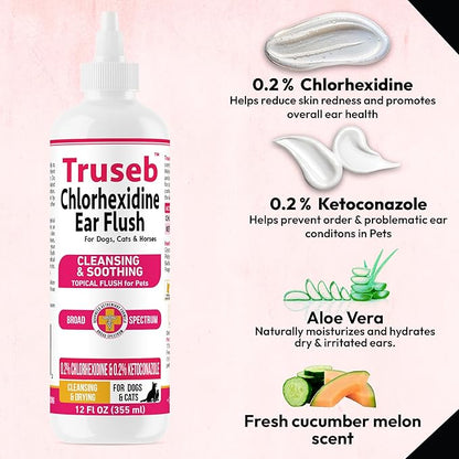 Truseb Advanced Topical Dog Ear Wash with Ketoconazole & Chlorhexidine Ear Flush Dog, Cats and Horses, with Aloe - 12 oz Made in U.S.A (Ketoconazole & Chlorhexidine Ear Flush, 12 oz)