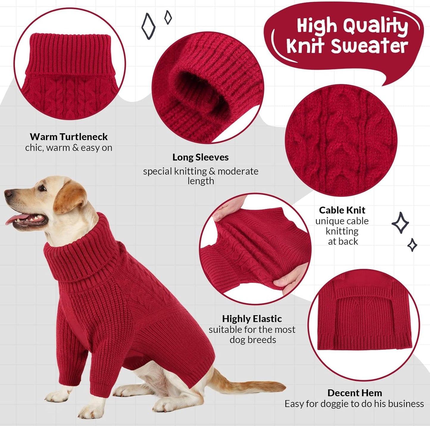 Queenmore Dog Sweater, Puppy Sweater for Small Dogs,Warm Winter Fall Dog Sweaters for Dog Girls Boys, Solid Turtleneck Knit Sweater for Large Medium Dogs,Long Sleeves Christmas Dog Sweater Red,L