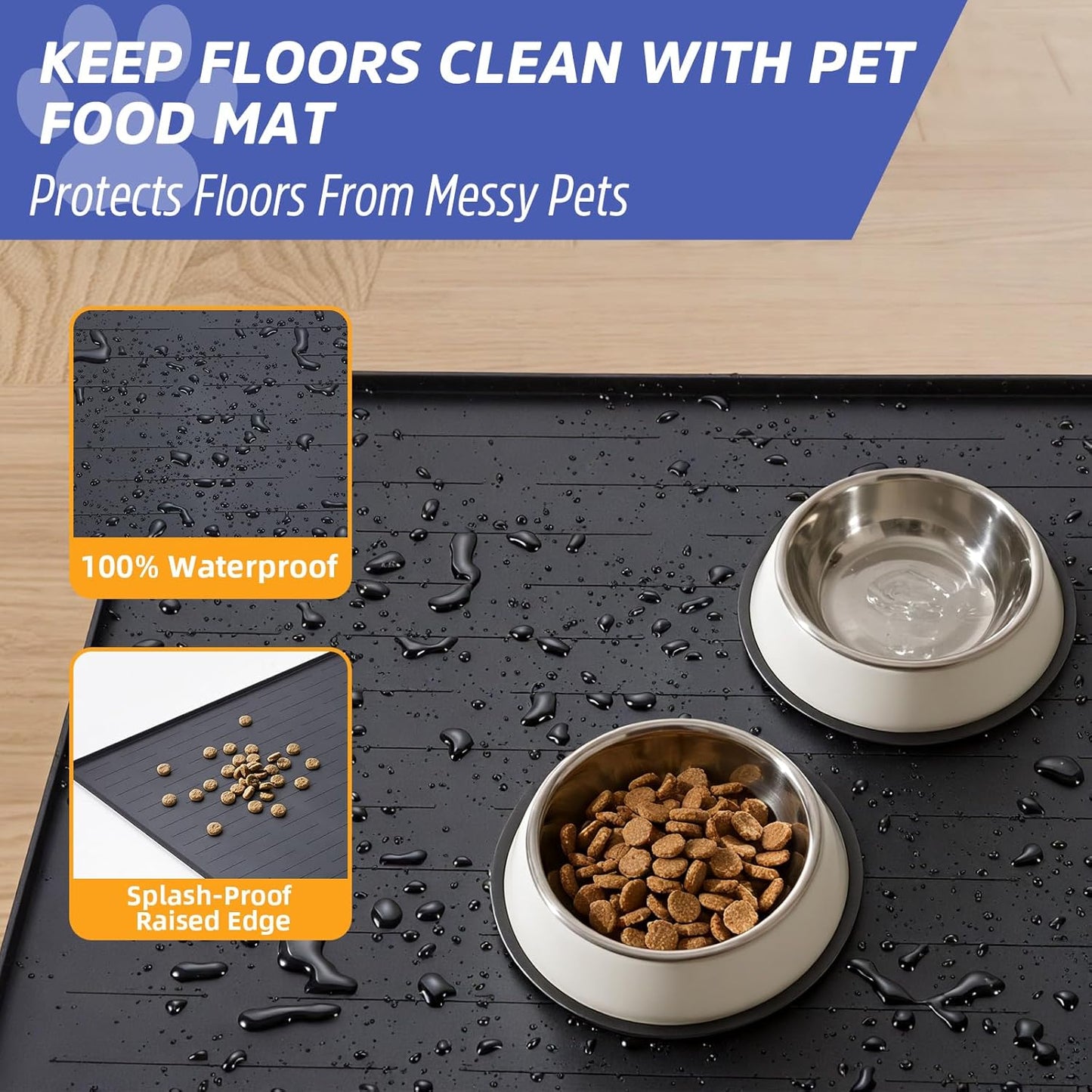 Large Dog Mats for Food and Water, 40"x30" Waterproof Pet Food Mats for Floor Nonslip Silicone Bowl Mats with Raised Edges