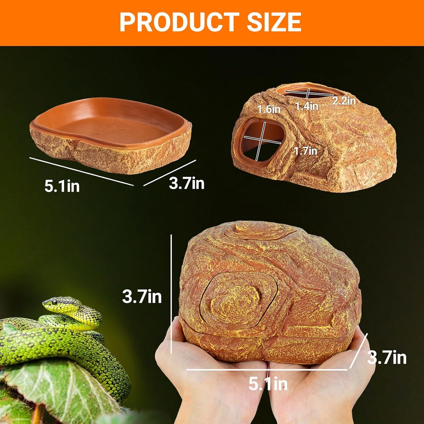 REPTI ZOO Gecko Hide Cave, 2 in 1 Snake Reptile Hideout for Hide & Rest & Breed & Feeding, Reptile & Amphibian Habitat Decor for Corn Snake, Small Snake, Ball Python, Crested Gecko, Leopard Gecko
