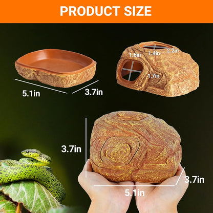 REPTI ZOO Gecko Hide Cave, 2 in 1 Snake Reptile Hideout for Hide & Rest & Breed & Feeding, Reptile & Amphibian Habitat Decor for Corn Snake, Small Snake, Ball Python, Crested Gecko, Leopard Gecko