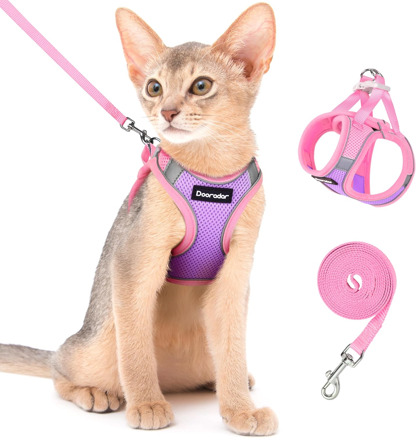 Dooradar Cat Harness and Leash Set, Escape Proof Lightweight Kitten Harness, Soft Breathable Reflective Vest for Outdoor Walking Traveling, Adjustable for Medium Cats, Purple & Pink, M