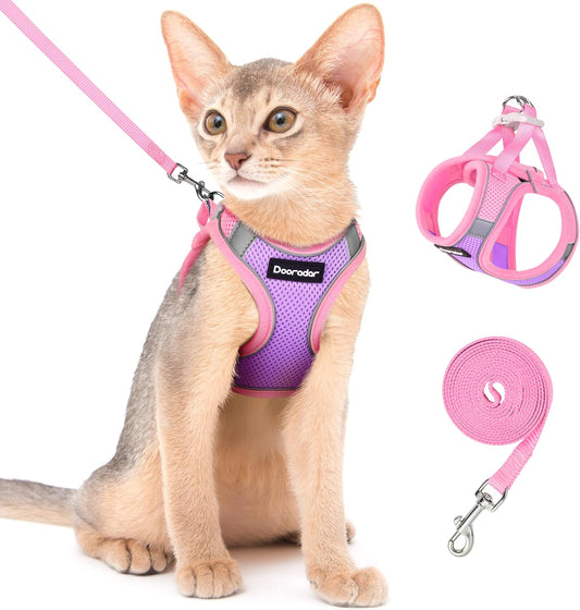 Dooradar Cat Harness and Leash Set, Escape Proof Lightweight Kitten Harness, Soft Breathable Reflective Vest for Outdoor Walking Traveling, Adjustable for Medium Cats, Purple & Pink, M