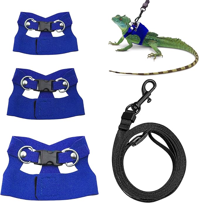 Bearded Dragon Harness and Leash Set, 3 Size Adjustable Soft Leather Reptile Leash, Lizard Harness with Retractable, Small Animal Outdoor Walking Vest with Traction Rope, 3 Pack (Blue)