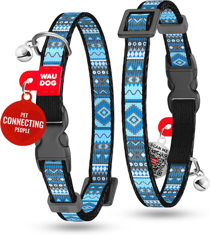WAUDOG Nylon Cat Collar with Removable Bell and QR ID Tag for Small, Medium and Large Breeds Adjustable Long Lasting Durable Kitten Collars Boy & Girl