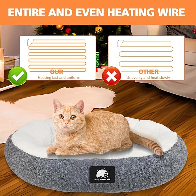 Heated Cat Bed for Small Cats, 19" Soft & Cozy Donut Pet Bed with Timer & Temp Adjustable Heating Pad for Indoor Kitten, Electric Warmer(A) (Gray)