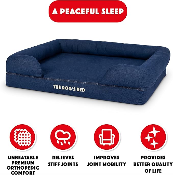 The Dog’s Bed, Large Blue Denim, Memory Foam, Pain Relief: Arthritis, Hip & Elbow Dysplasia, Post Surgery, Lameness, Supportive, Calming, Waterproof Washable Cover