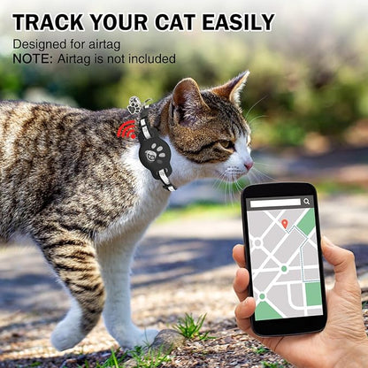 Airtag Cat Collar Breakaway, Reflective Kitten Collar with Bell and Apple Air Tag Holder, GPS Cute Cat Collar, Glow in The Dark Pet Collars for Boy Girl Cats, Kittens, Puppies, Black