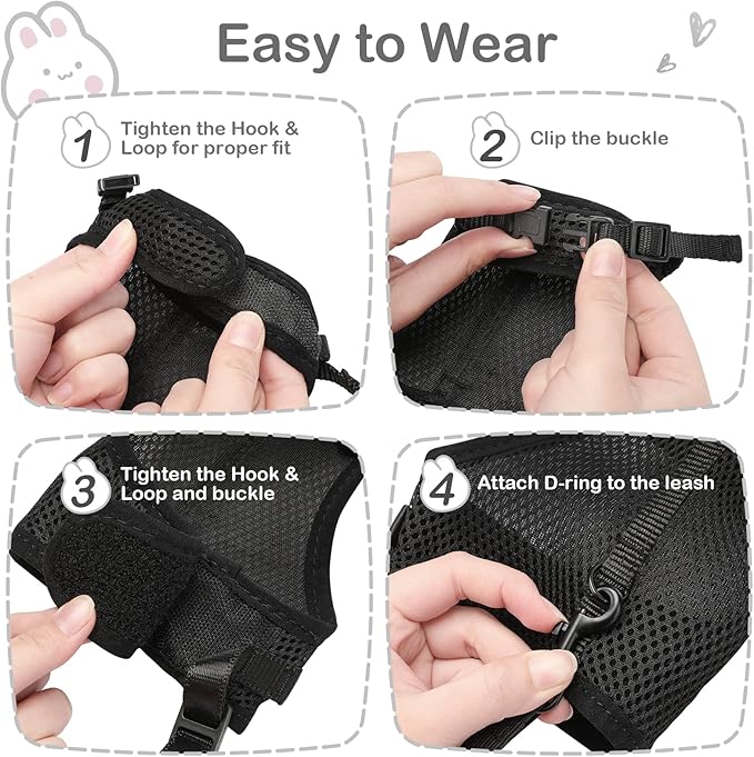 PETTOM Bunny Rabbit Harness with Stretchy Leash Cute Adjustable Buckle Breathable Mesh Vest for Kitten Small Pets Walking (Black,L)