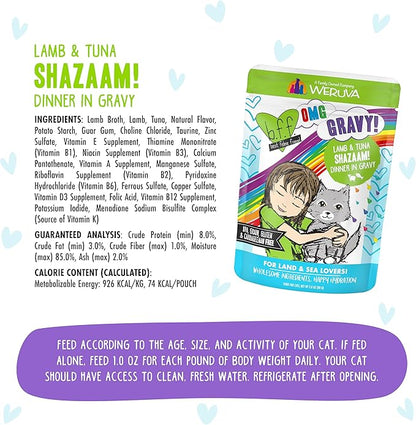 Weruva B.F.F. OMG - Best Feline Friend Oh My Gravy!, Shazaam! with Lamb & Tuna in Gravy Cat Food, 2.8oz Pouch (Pack of 12)