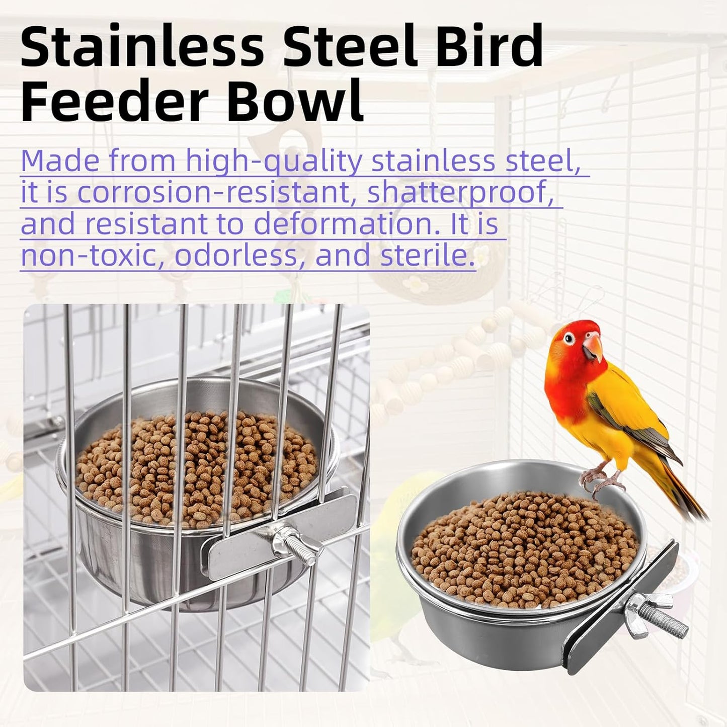 4 Pack Stainless Steel Bird Feeding Dish Cups with 5pcs Colorful Spoon and 5pcs Rattan Ball，for Chinchilla, Parrot, Cockatiel, Conure, Budgies, Hamster, Small Animal