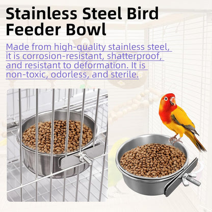 4 Pack Stainless Steel Bird Feeding Dish Cups with 5pcs Colorful Spoon and 5pcs Rattan Ball，for Chinchilla, Parrot, Cockatiel, Conure, Budgies, Hamster, Small Animal
