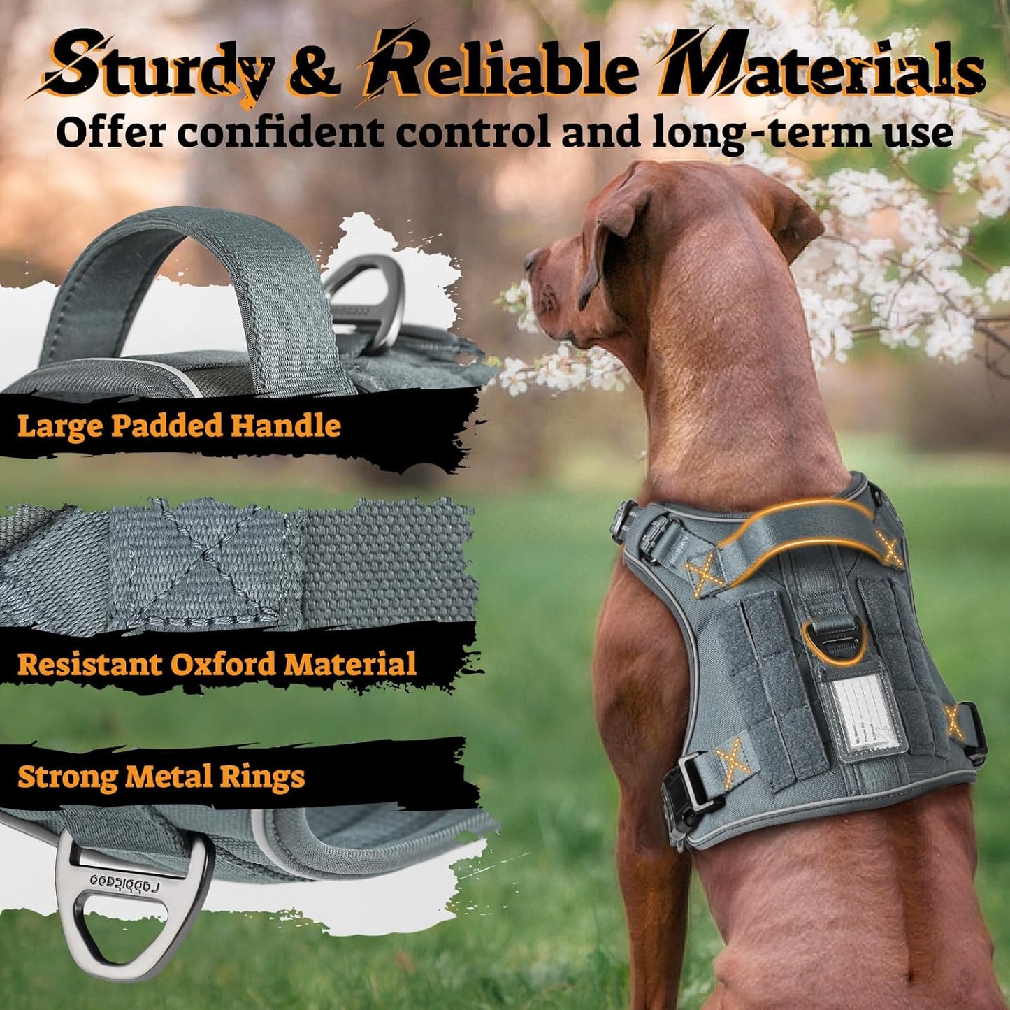 rabbitgoo Dog Harness for Large Dogs No Pull, Tactical Service Pet Vest with Molle and Control Handle, Adjustable and Reflective Military Harness for Easy Walking and Training, Grey, L