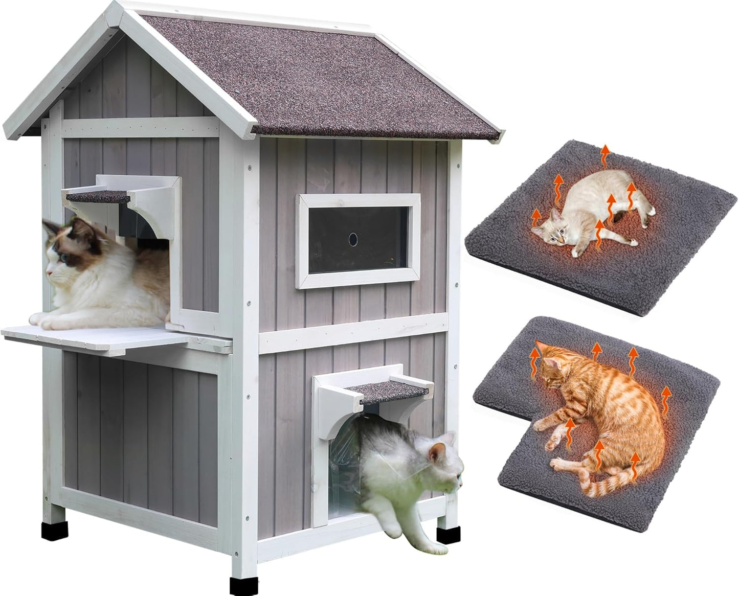 Rockever Outdoor Cat House, Large Outdoor Houses for Feral Cats with Self-Warming Mat Wooden Outside Cat Shelter Weatherproof with Escape Door