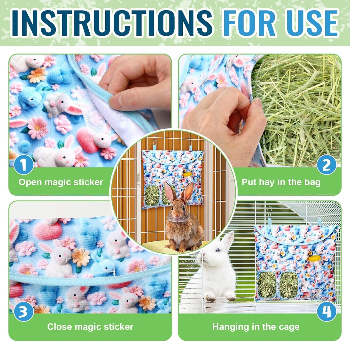 UPINS 2 Pack Hay Bag for Rabbits 2-Hole Hanging Hay Feeder Guinea Pig Hay Bags, Hay Feeder for Rabbits Chinchillas Hamsters Small Pets and Animals