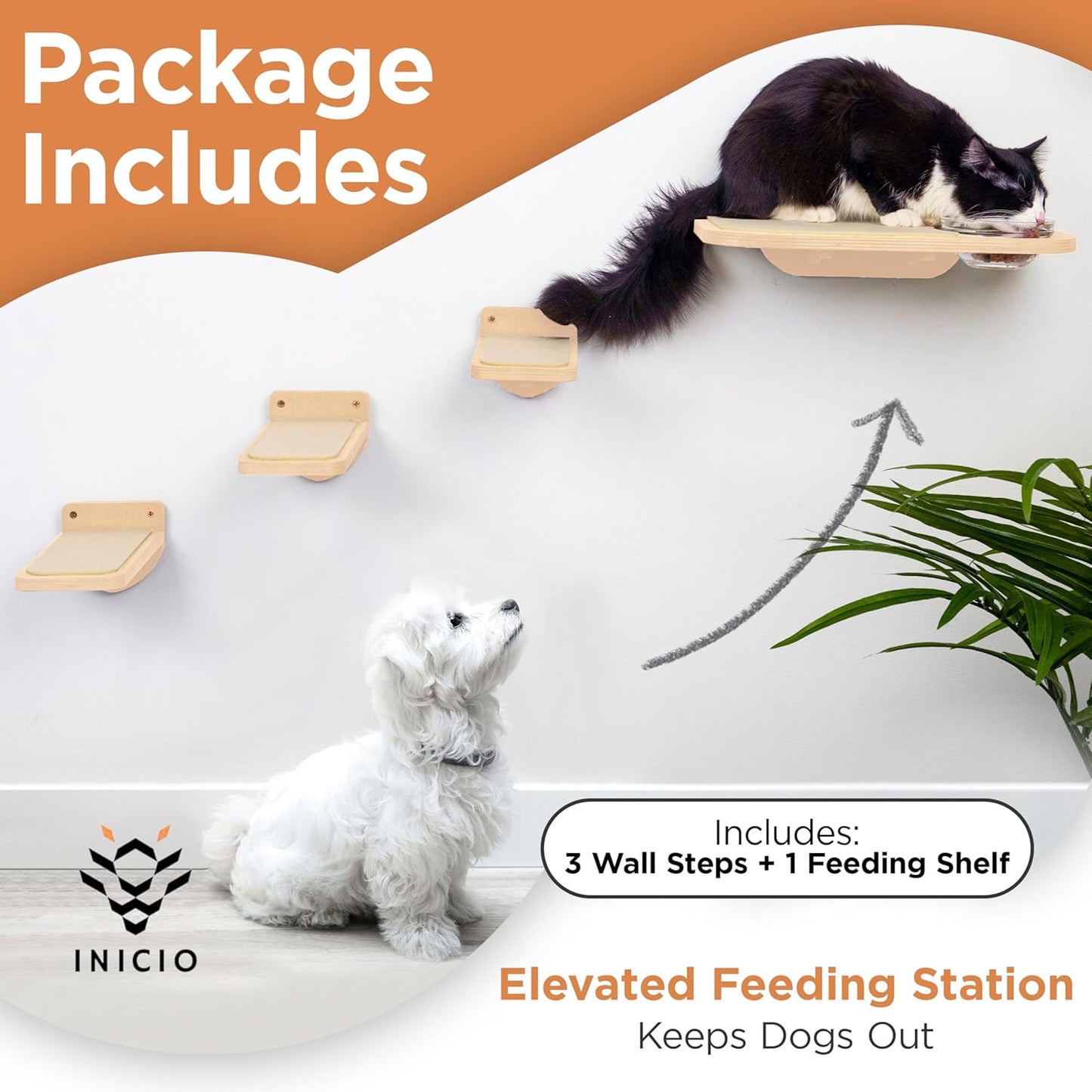 INICIO Cat Wall Shelves – Dog Proof Feeding Station with Wall Mounted Shelves, Durable 3 Step Birch Floating Shelf for Cats Up to 15lbs, Attached Cat Food Bowl for Convenient Feeding – Wood Brown