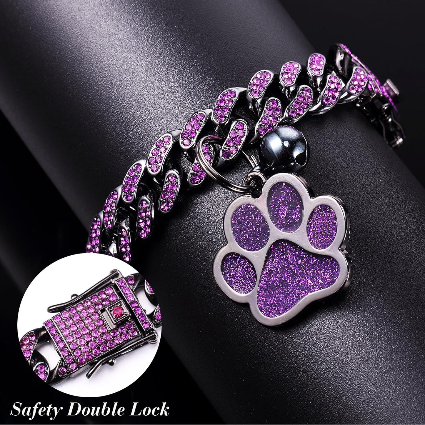 Hillban Cat Collar Diamond Chain Glitter Collar Walking Metal with Secure Buckle Cat Pet Necklace with Paw Charm and ID Tag Bell Link Cuban Jewelry Accessories(8 Inch,Steel Black, Purple)