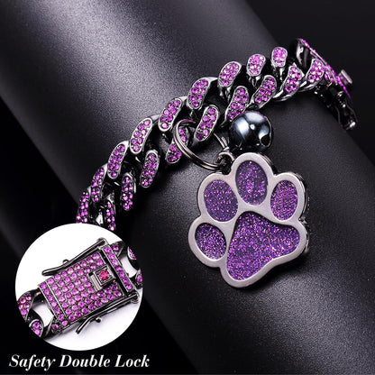 Hillban Cat Collar Diamond Chain Glitter Collar Walking Metal with Secure Buckle Cat Pet Necklace with Paw Charm and ID Tag Bell Link Cuban Jewelry Accessories(8 Inch,Steel Black, Purple)