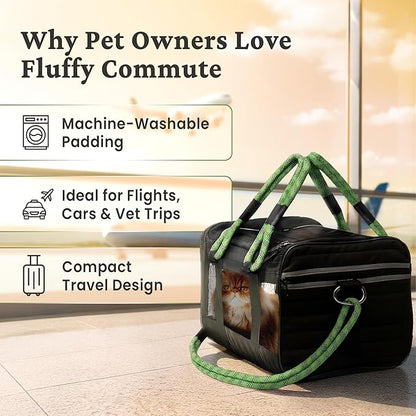 | TSA Airline Approved |Soft Sided Pet Carrier | Cat Carrier | Dog Carrier| Pets Up to 15 lbs | Leash & Luggage Strap | Black with Green Handle