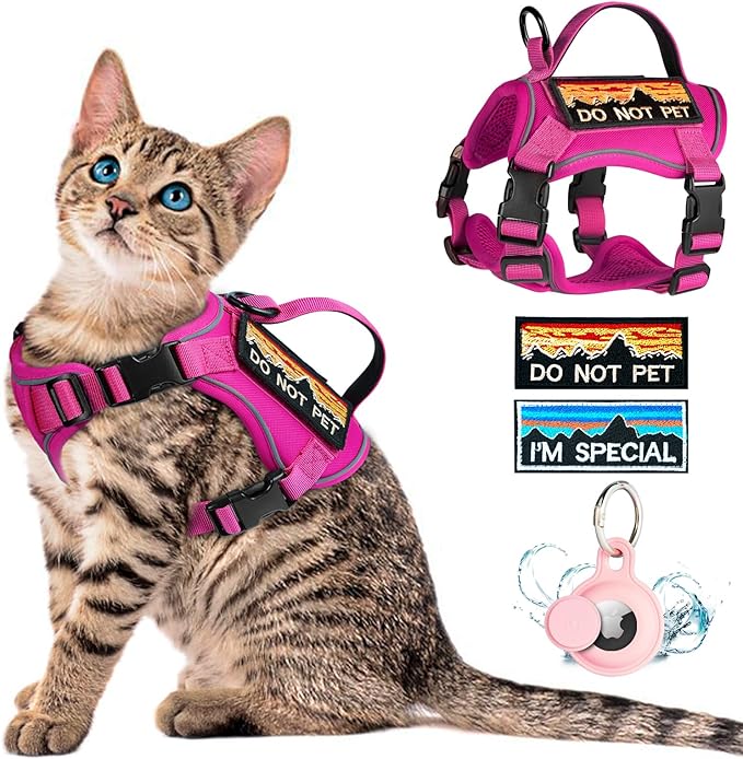 Tactical Cat Harness for Walking, Adjustable Escape Proof Pet Vest for Large Cat,Easy Control Breathable Cat Vest with Handle，Molle Patches (Pink, L)