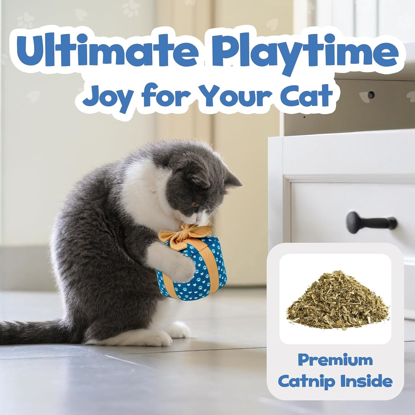 Gift Box Catnip Toy – Christmas & Birthday Cat Toy with Catnip & Crinkle, Cute Plush Present for Indoor Cats, Christmas Cat Gift & Stocking Stuffer