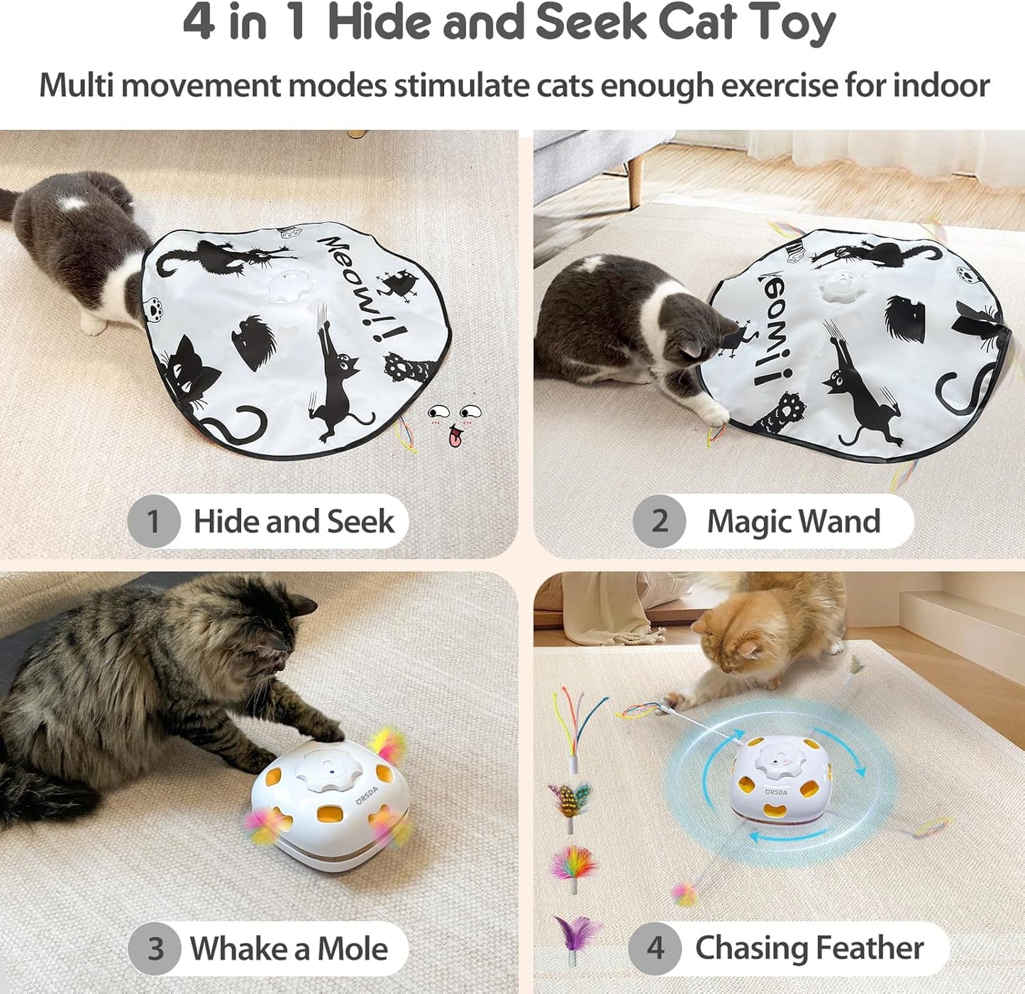 ORSDA Cat Toys, Interactive Cat Toys for Indoor Cats, 4 in 1 Automatic Rechargeable Enrichment Toy for Cats Home Alone for Bored Indoor Self Play Kitten