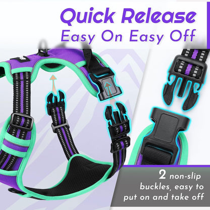 Eagloo Dog Harness Medium Sized Dogs, No Pull Service Vest with Reflective Strips and Control Handle, Adjustable and Comfortable for Walking, No Choke Harness with 2 Metal Rings, Purple & Green, M
