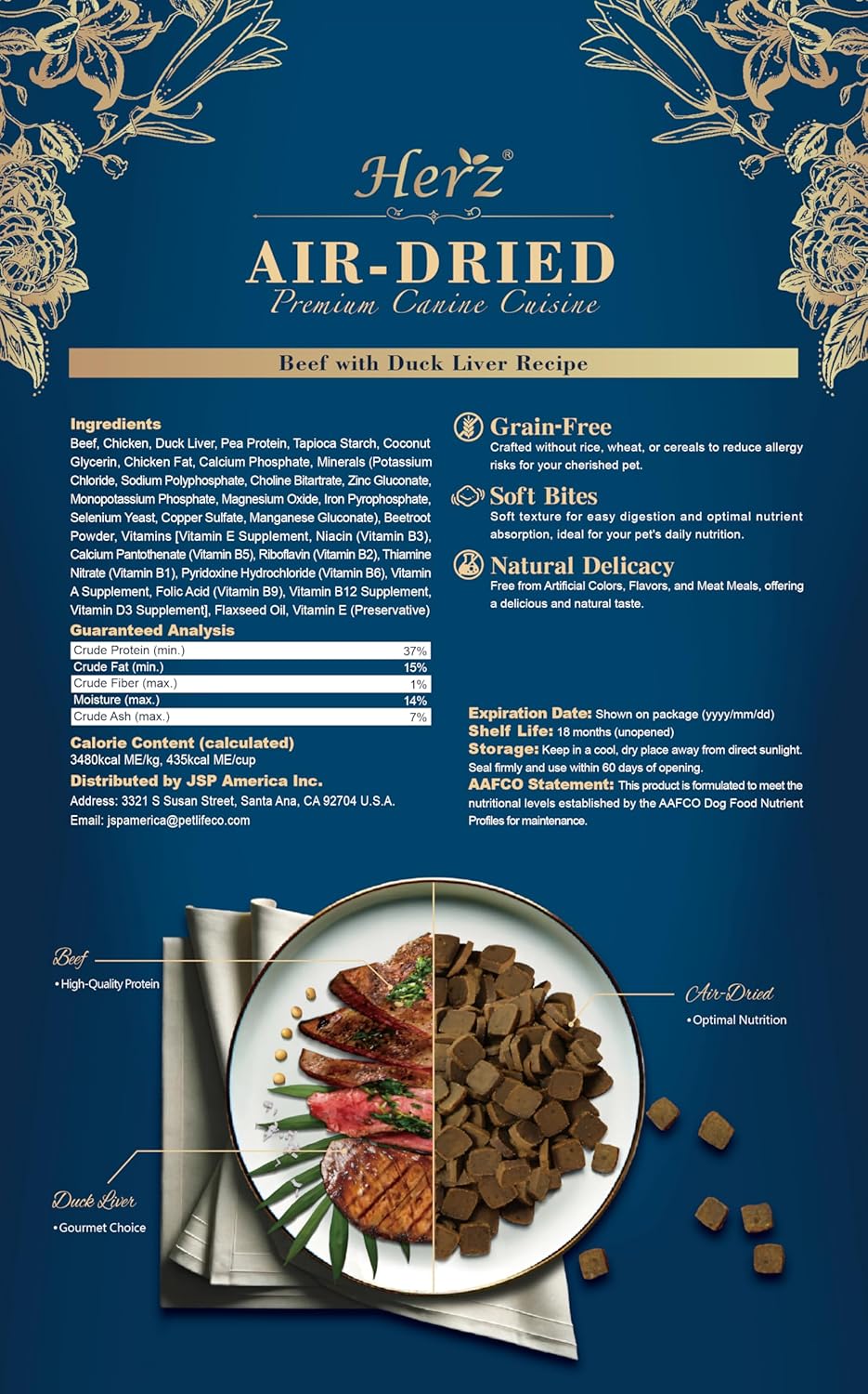 Herz Air-Dried Dog Food Beef & Duck Liver Recipe 2.2 lb, All-Natural, High-Protein, Grain-Free, Limited Ingredients, Complete & Balanced, Premium Canine Cuisine