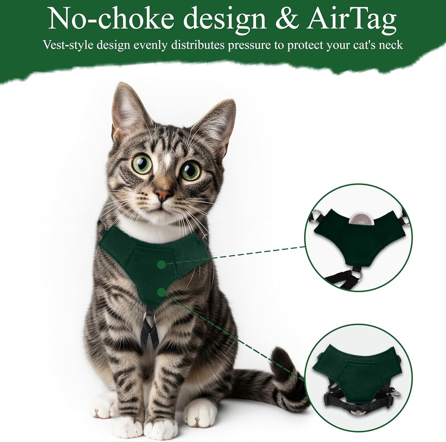 A1HC Escape Proof Cat Harness and Leash - Soft Adjustable Vest, Comfortable Mesh and Long Strips with Air Tag Pocket, Easy Control, Safe Walking Harness for Cats & Kittens - Dark Green (Large)