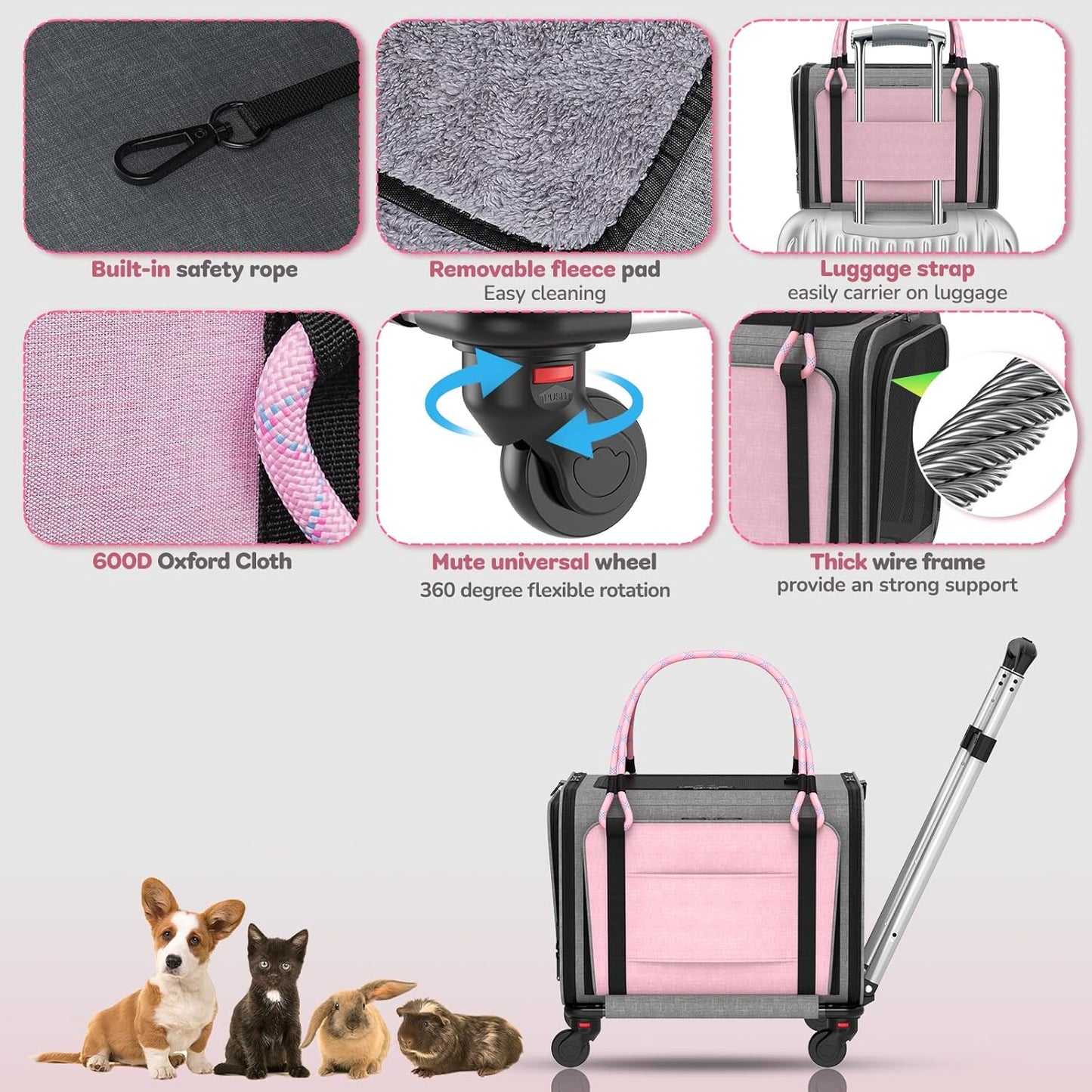 Pet Carrier with Wheels Airline Approved: Expandable Rolling Cat Carrier for Small Dog Under 25lbs - Cat Soft Carrier Pet Travel Bag TSA Approved Under Seat for Airplane Transport Flight
